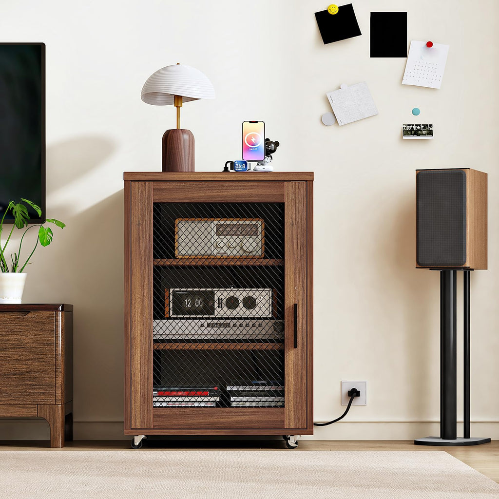 Media Cabinet with Charging Station, Stereo Cabinet with Wheels, Audio-Video Media Stand with Adjustable Shelves and