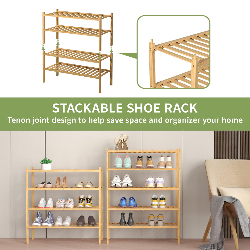 4 Tier Bamboo Shoe Rack for Closet Free Standing Wood Shoe Shelf Small Space Stackable 27"x11"x26" (Natural)