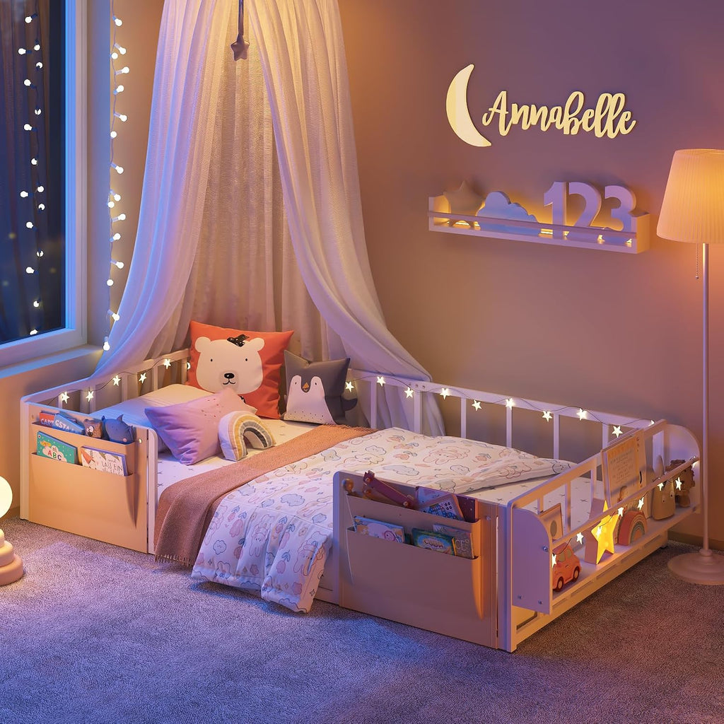 Floor Bed for Kids with Safety Guardrails, Montessori Bed White