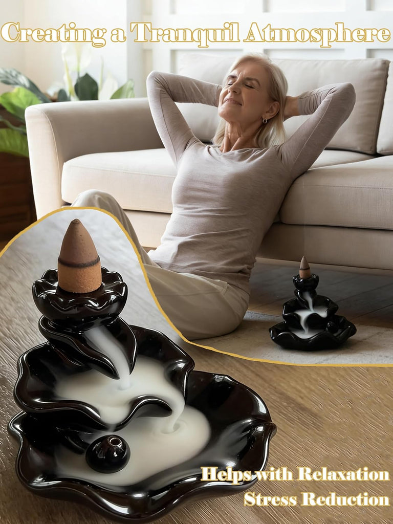 Waterfall Incense Burner, Backflow Incense Holder Lotus Ceramic Censer Cones Sticks Porcelain Holder for Aromatherapy