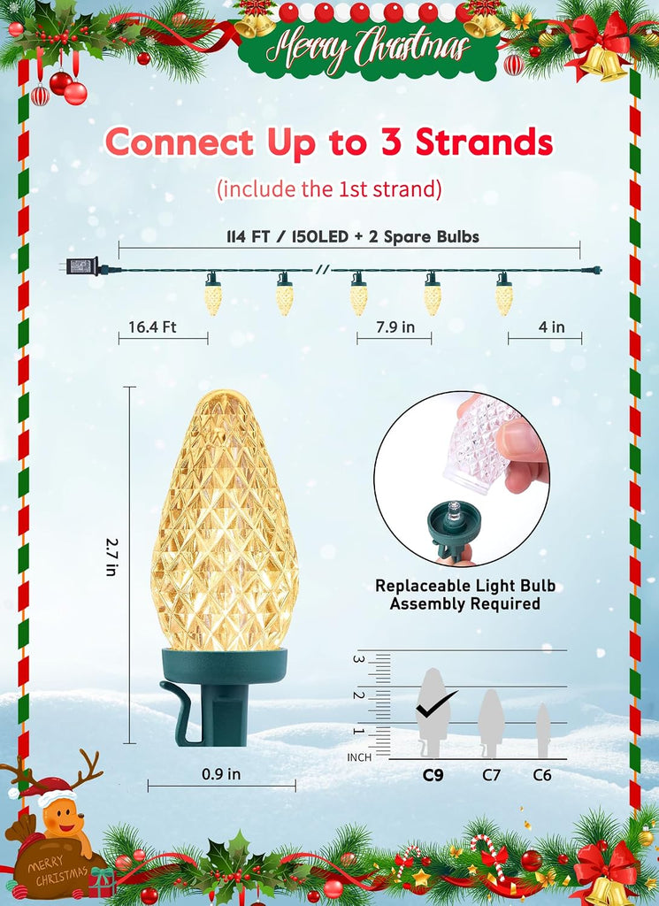 C9 Christmas Lights Outdoor, 114FT 150 LED C9 String Lights, Warm White