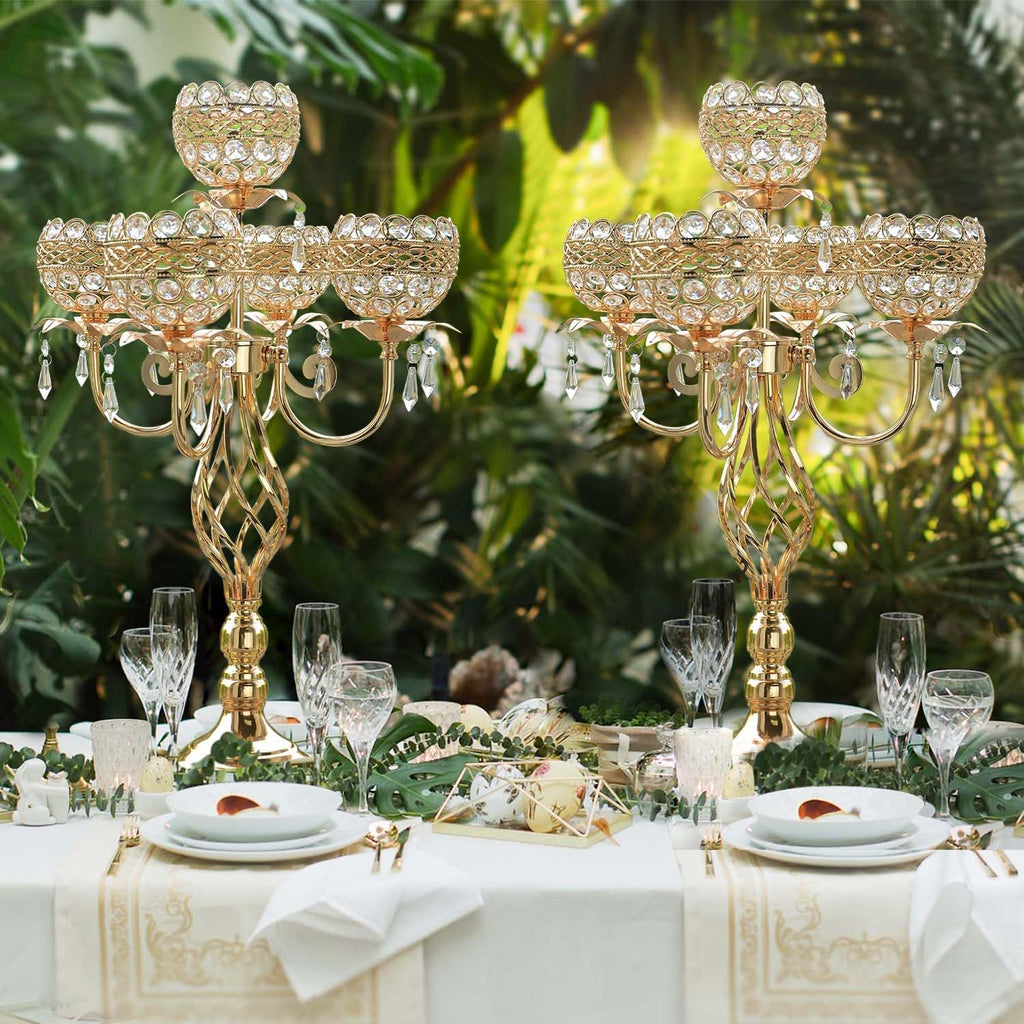 Crystal Candelabra Centerpiece, 5-Light Gold Metal Stand with Hanging Crystals, Decorative Wedding Table Holder (2