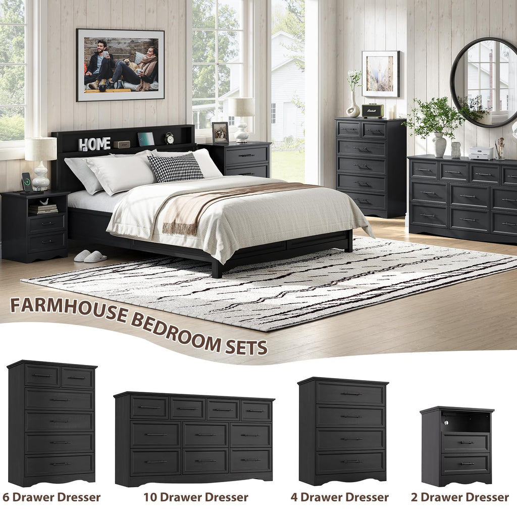 Black Nightstand with Charging Station, 19.7" 2-Drawer End Table