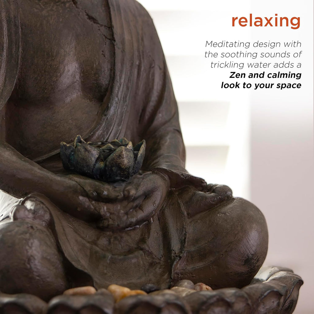 Indoor Tabletop Meditating Buddha Water Fountain with LED Lights and Lotus Flower, 19", Beige