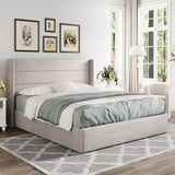 Queen Lift Up Storage Bed, Modern Wingback Headboard, Hydraulic Support, No Box Spring Needed, Light Beige