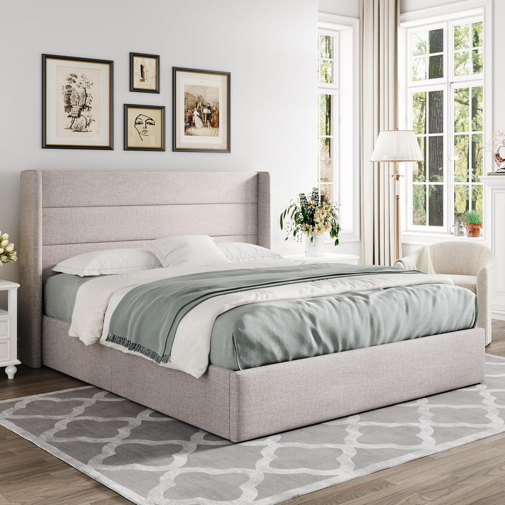 Full Lift Up Storage Bed, Modern Wingback Headboard, Hydraulic Support, No Box Spring Needed, Light Beige