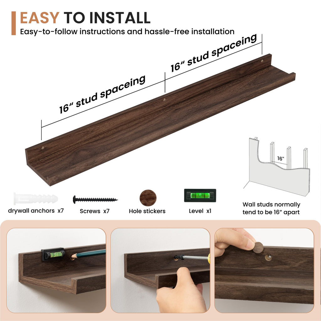 Picture Ledge Shelf for Wall, Floating Shelves Set of 2, 36 Inch Long Floating Shelves with Lip, Walnut