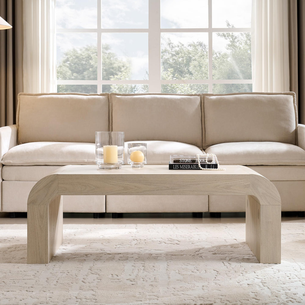 48" Modern Curved Coffee Table, Wood Minimalist Center Table, Cream