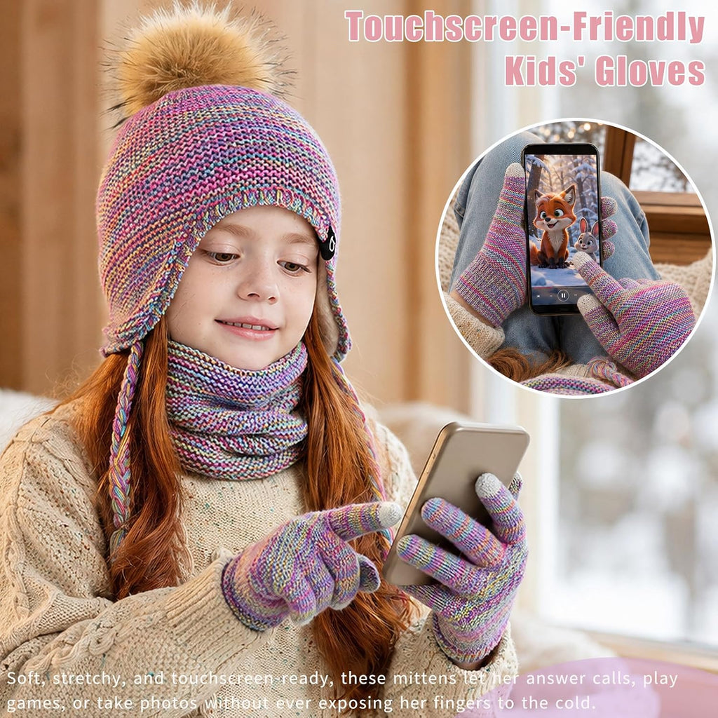 Kids Winter Hat Gloves Scarf Set Warm Earflaps Soft Fleece Lined