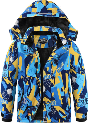 Boy's Ski Jackets Waterproof Winter Coat Fleece Windproof Snowboarding Jacket with Detachable Hood