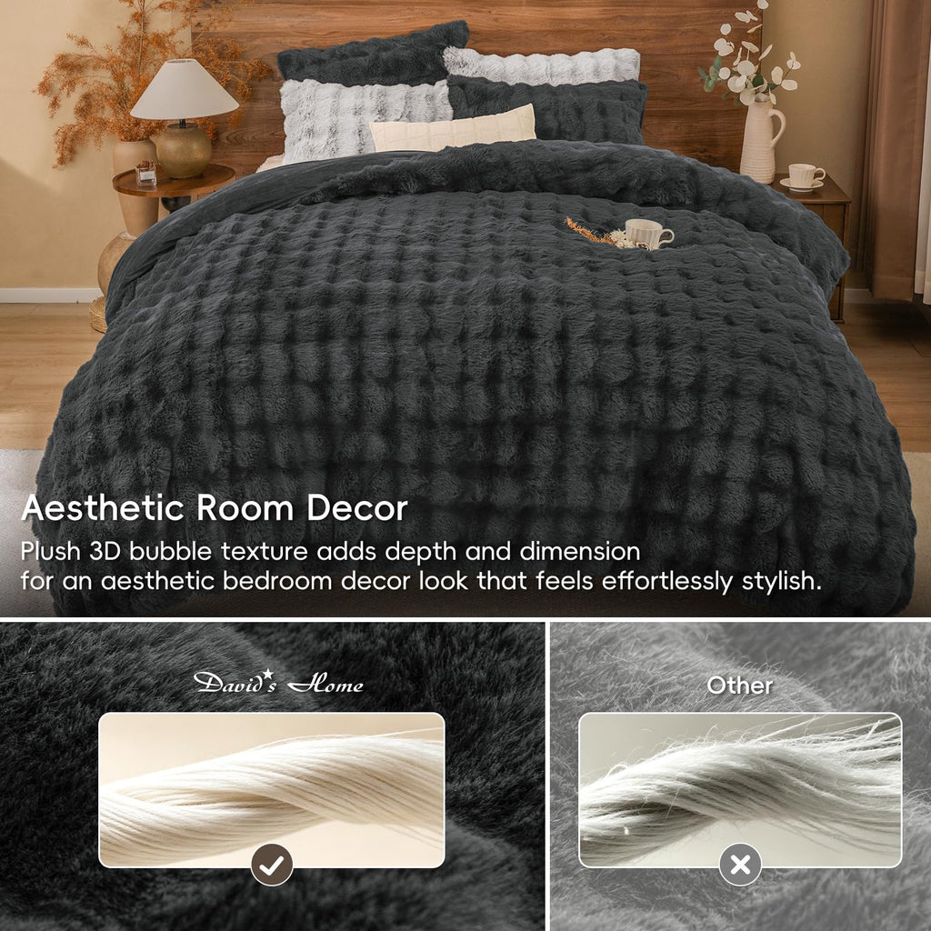 Fluffy Rabbit Faux Fur Duvet Cover Set, Black Oyster