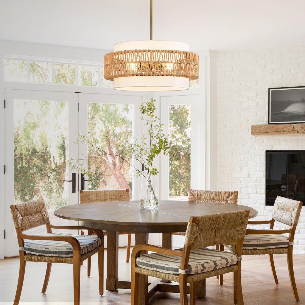 19.7" Rattan Chandelier, 4-Light Boho Pendant Hanging Light