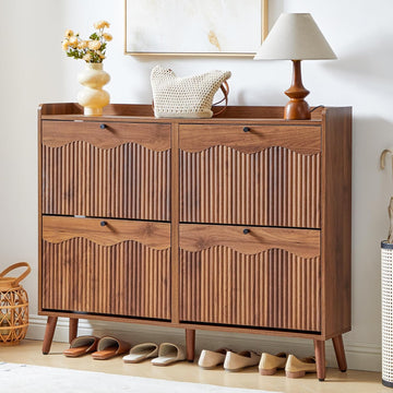 47.2" Shoe Storage Cabinet with 4 Flip Drawers, Narrow Shoe Organizer with Wave&Fluted Panel, Freestanding Wood