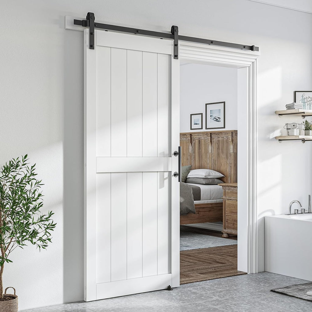 36 x 84 inch White Sliding MDF Barn Door with 6.6FT Black Sliding Door Hardware Kit & Handle, Pre-Dr