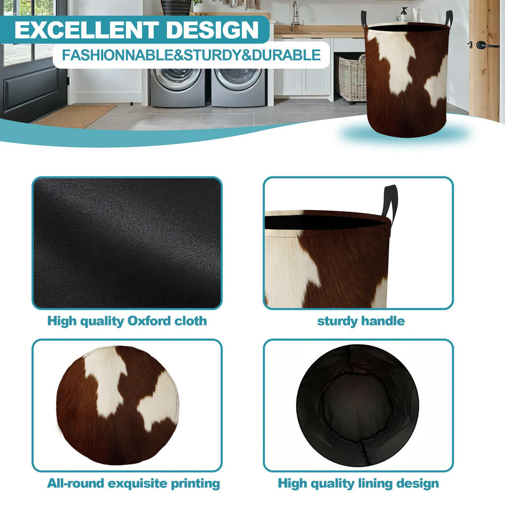 Laundry Hamper, Cowhide Western Collapsible Laundry Basket with Handles, Farmhouse Brown Waterproof Oxford Cloth