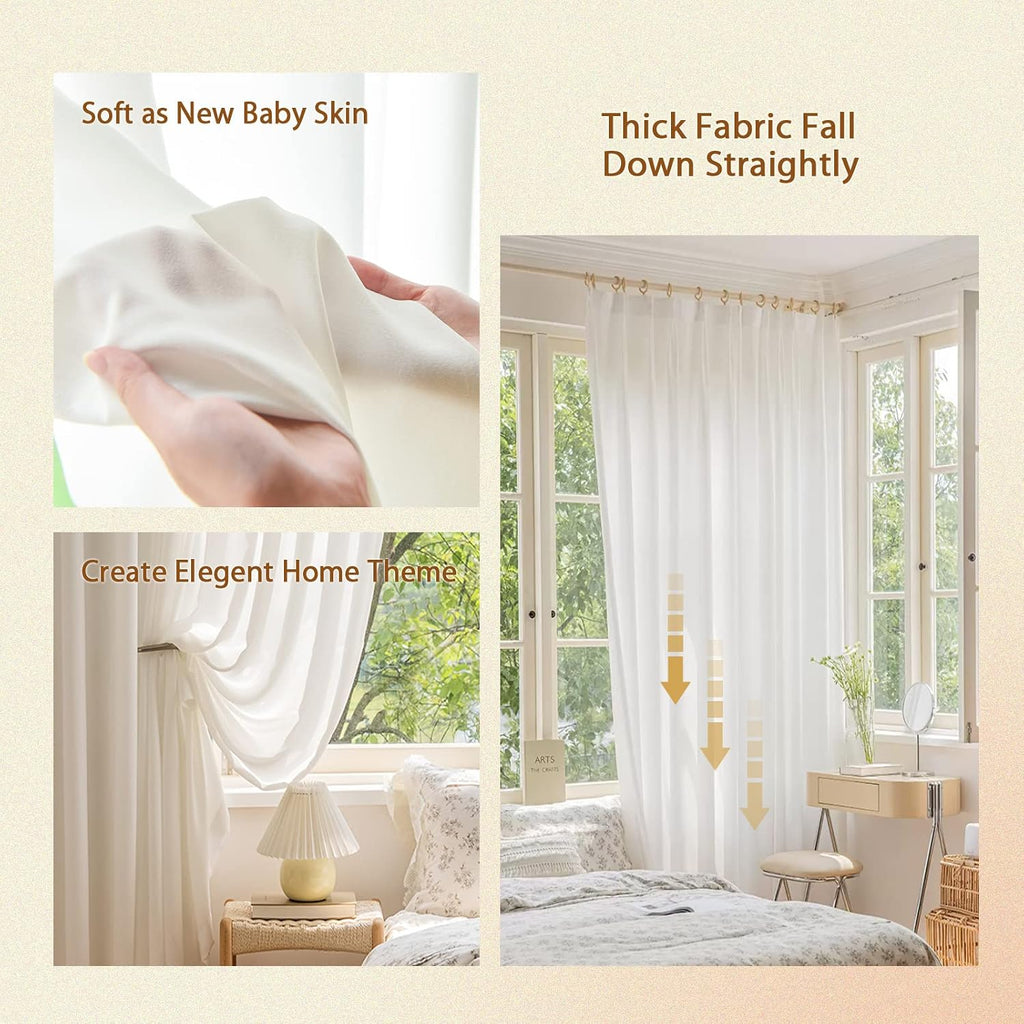 White Pinch Pleated Window Sheer Curtains 96 Inches Long 2 Panels, Luxury Velvet Soft Touch Opaque Privacy, Gently