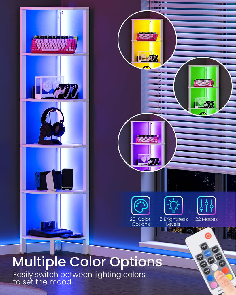 LED Corner Shelf with Lights, 5-Tier Diamond Shape Bookshelf, Standing Narrow Storage Organizer, Study, White