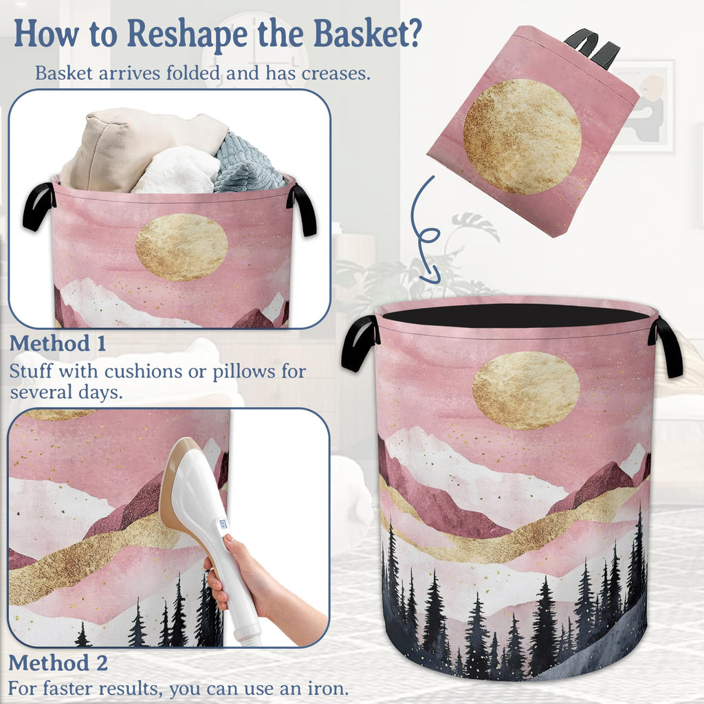 Mountains Laundry Basket,Foldable Oxford Cloth Sun Forest Golden Pink Laundry Hamper with Handles, 20.8"x16" Tote Bag