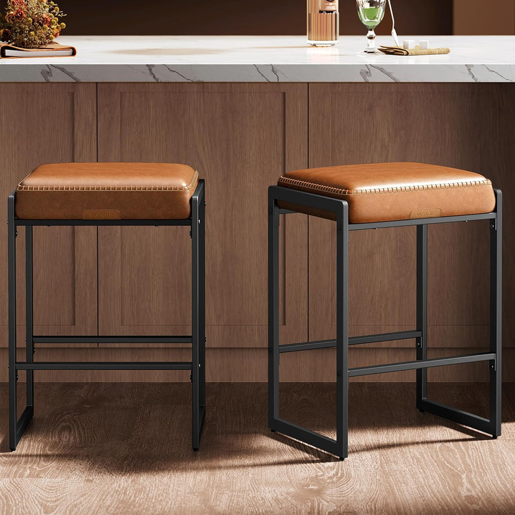 EKHO Collection - Bar Stools Set of 2, Counter Height Bar Stools, Synthetic Leather with Stitching, Mid-Century