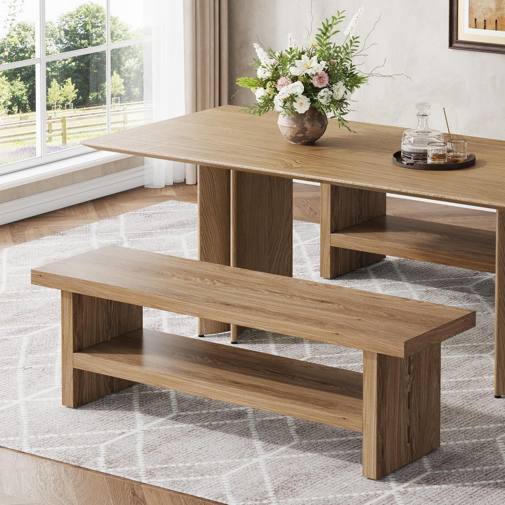 47" 2-Tier Wooden Entryway Bench with Shoe Storage, Oak Color