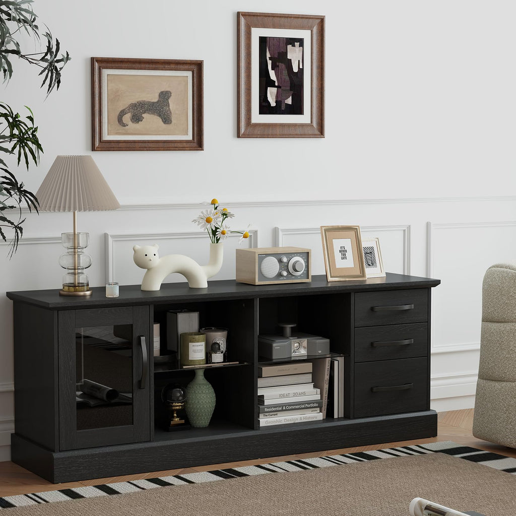 Farmhouse TV Stand for 73 Inch TV, Wood TV Console Table w/Removable Glass Shelves, Cable Management Holes & Drawers