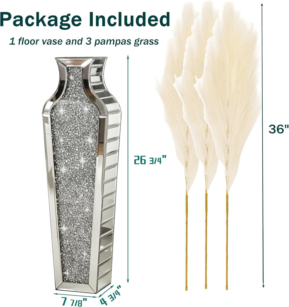 Crushed Diamond Floor Vase with Pampas Grass, Large Silver Mirror Tall Vases for Floor, Modern Luxury Glass Vases