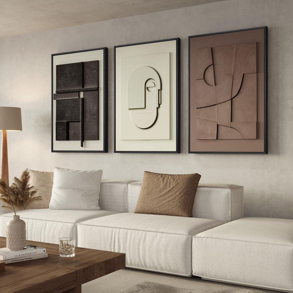3D Large Framed Brown Abstract Wall Art, 3Piece 24x36 In