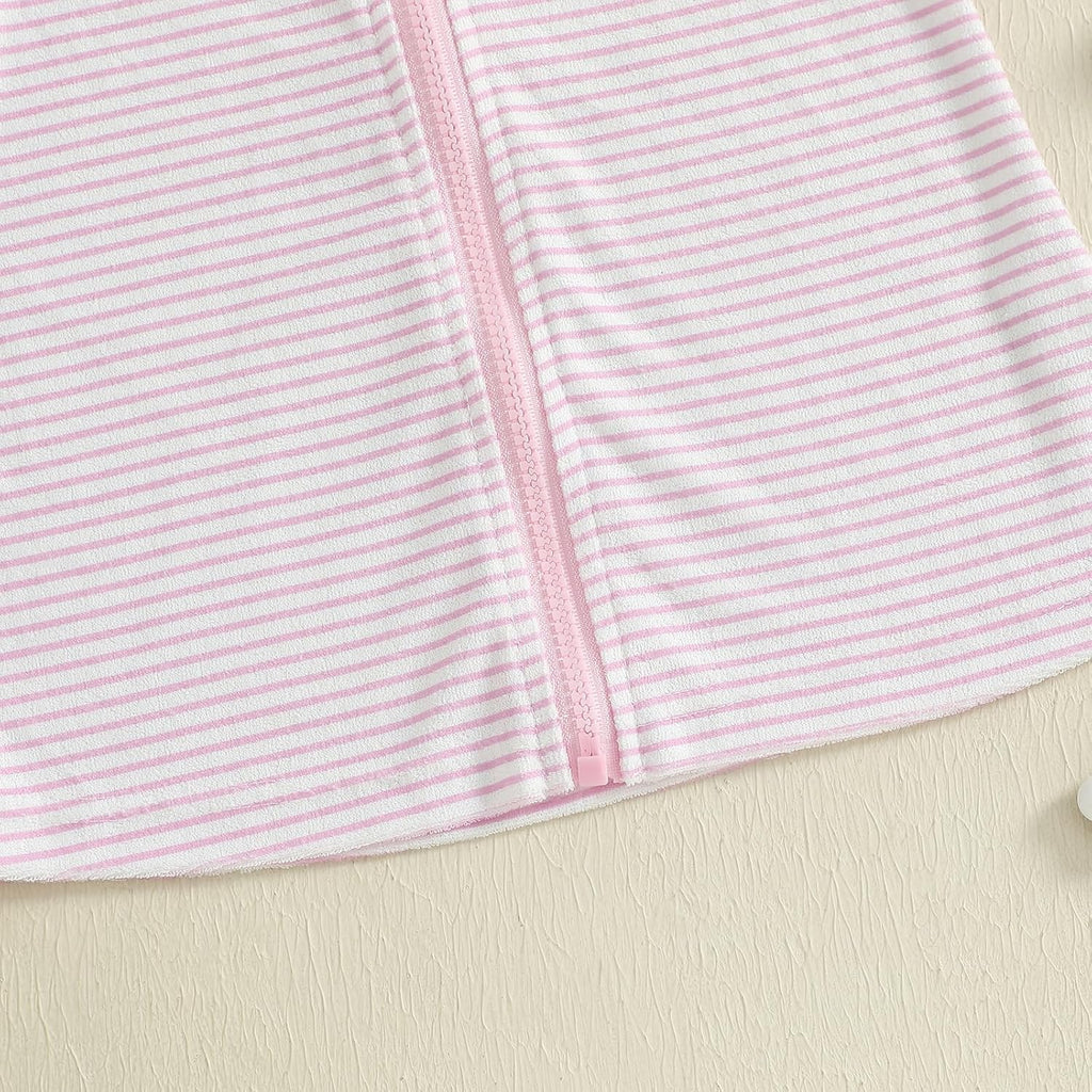 Girls Striped Swim Cover Up Beachwear Short Sleeve Zip Up Hooded Terry Swim Coverups One Piece Swimsuits Swimwear