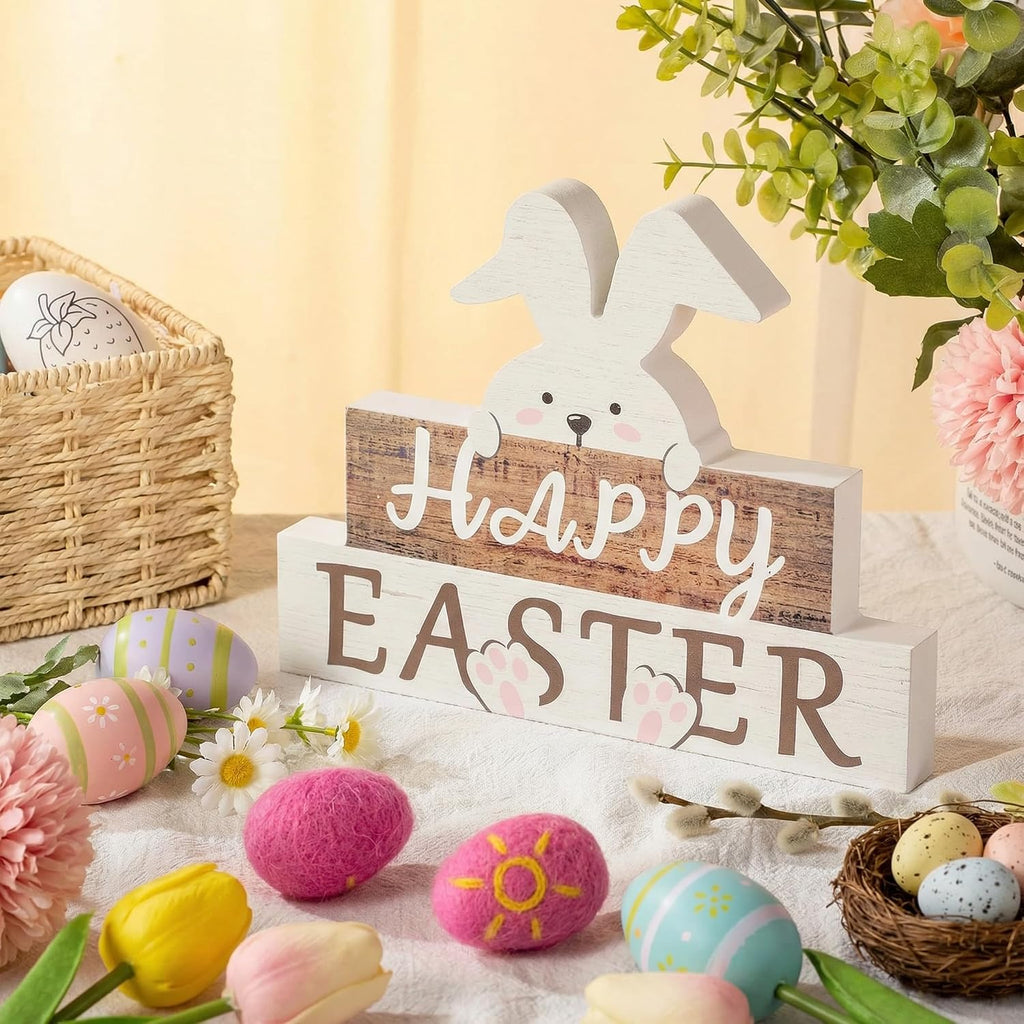 Easter Decorations for Table, Wooden Happy Easter Bunny Decor Sign, Wood Rabbit Block Tabletop Centerpiece Farmhouse