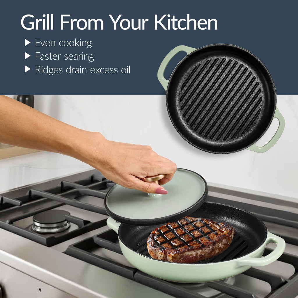 6-Piece Cast Iron Cookware Set, Ceramic Coated 6Qt Dutch Oven, 2Qt Skillet W/Lid, 10" Grill Pan W/Press, Non-toxic