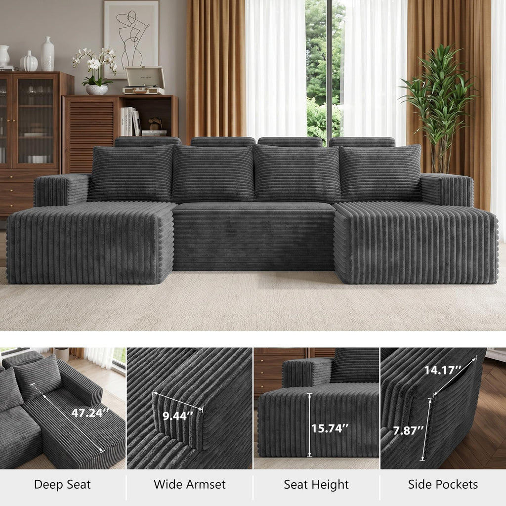 Boneless Couches 113" - Modular Sectional Sofa with Side Pockets U Shaped High Back Oversized Deep Seat Corduroy No