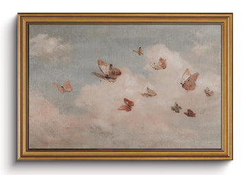 Pink Butterfly Cloud Wall Art Vintage Gold Framed Canvas Wall Decor