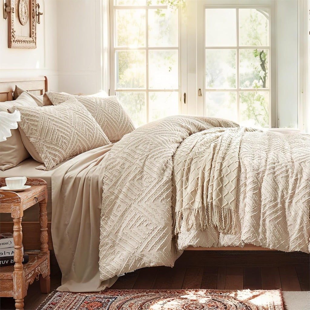 King Comforter Set 7 Pieces, Beige Tufted Bed in a Bag with Comforter and Sheets