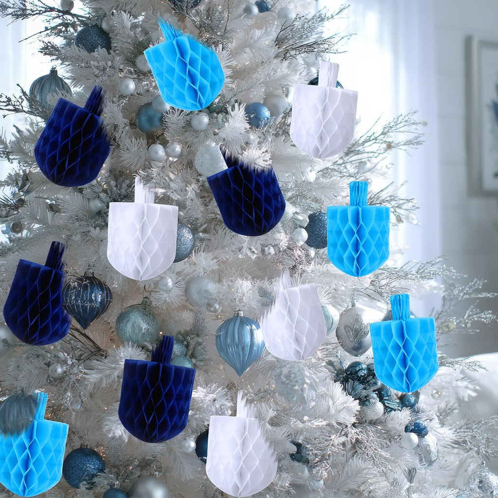 Hanukkah Decorations Garland 5.5'' Blue White Dreidels Honeycomb Ornaments Chanukah Hanging Decor for Hanukkah - Set of 12