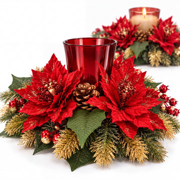 2 Pack Large Christmas Centerpieces Faux Poinsettia Cedar Berry Glass Hurricane Candle Holders Artificial Red Berries