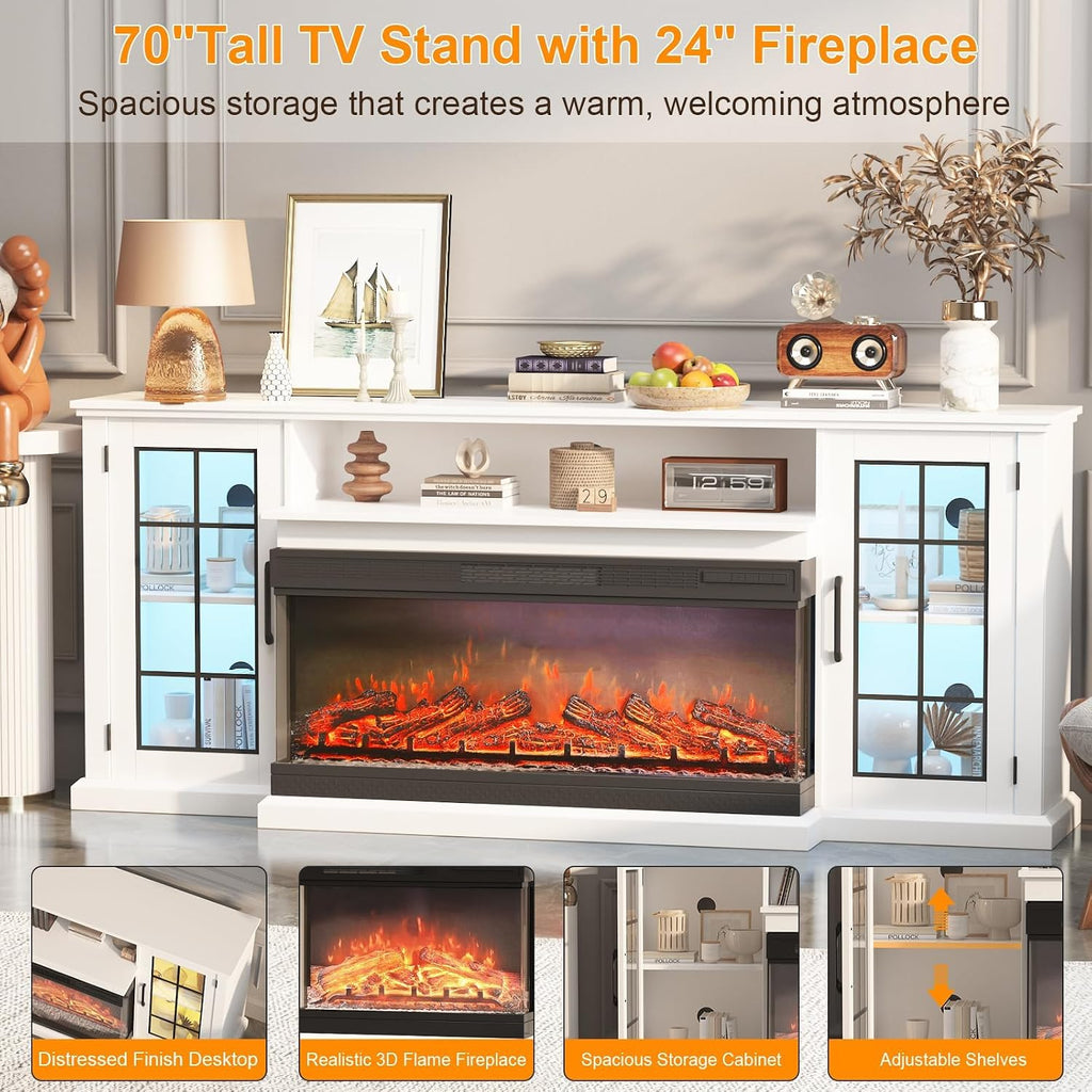 Farmhouse TV Stand for TVs up to 85" - Glass Doors, Storage, Fireplace | 75" Sideboard High-gloss finish, matte body