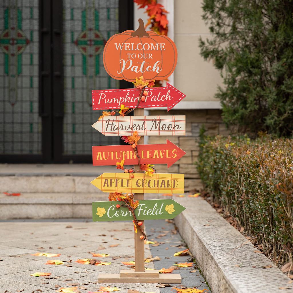42.5"H Fall Wooden Pumpkin Patch Porch Decor, Rustic Fall Harvest Welcome to Our Patch Yard Sign, Farmhouse