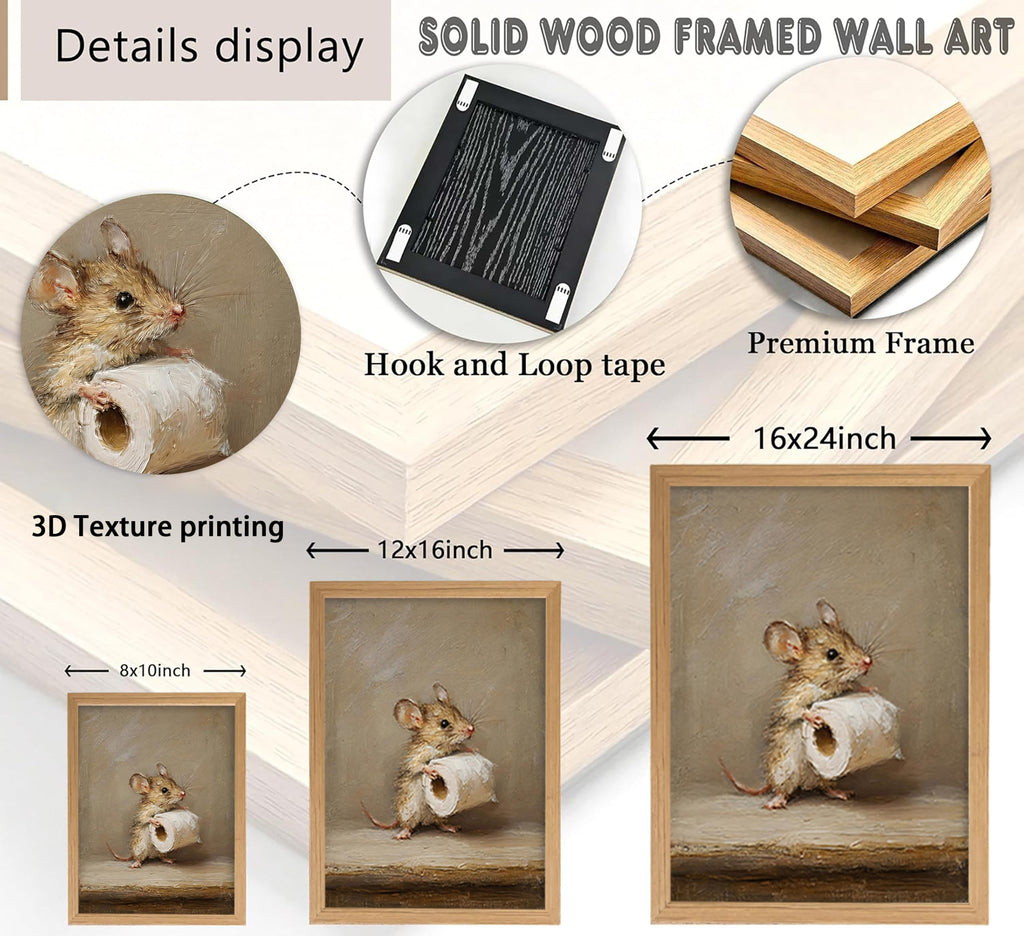 Framed Whimsical Textures Mouse Wall Art Funny Bathroom Wall Decor Cute Animal Painting Picture Neutral Beige Rustic