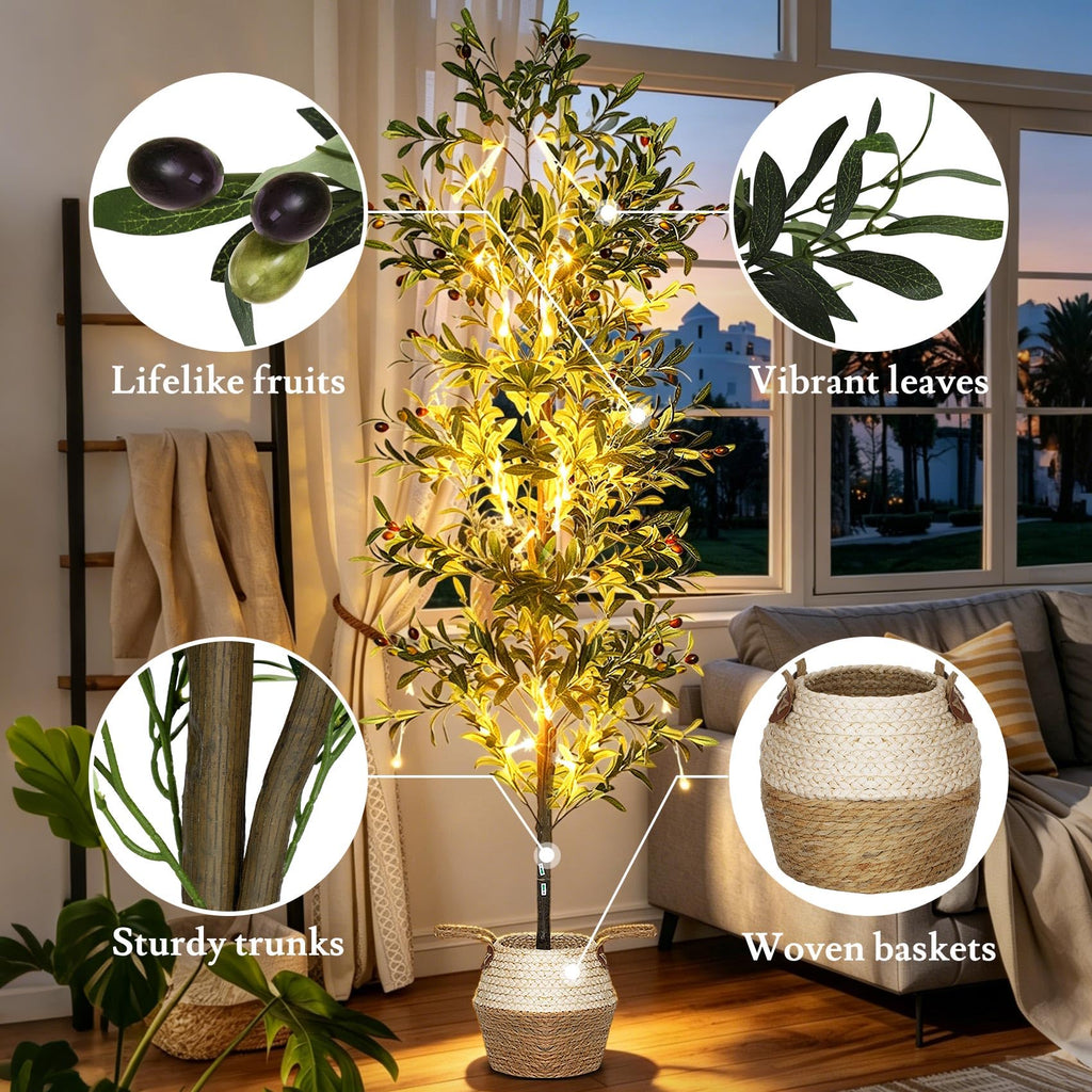 6FT Artificial Olive Tree Indoor with Lights & Planter, Dimmable