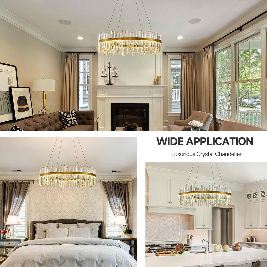 Gold Led Modern Crystal Chandelier, Round Large Dining Room Light Fixture