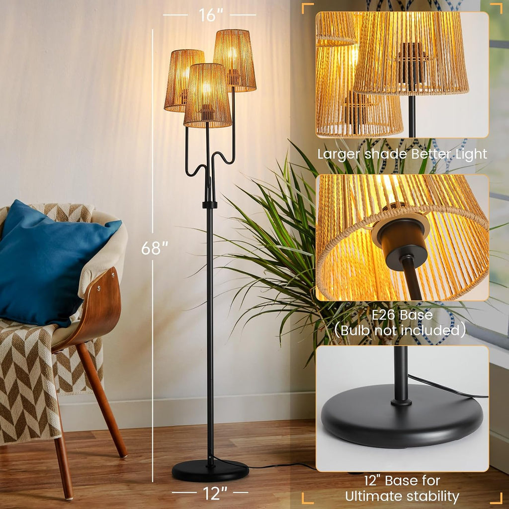 Boho Floor Lamp, 68in. Rattan Floor Lamps with Rattan Shade,3 Light Tree Standing Lamp,E26 Socket, Living Room Floor