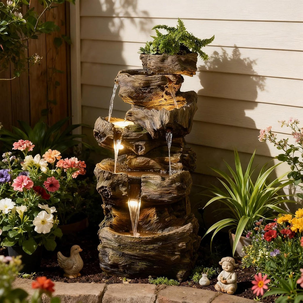 40" H Outdoor Water Fountain with 5 Tiers Large Cascading Realistic Tree Trunk Waterfall Fountains with LED Lights