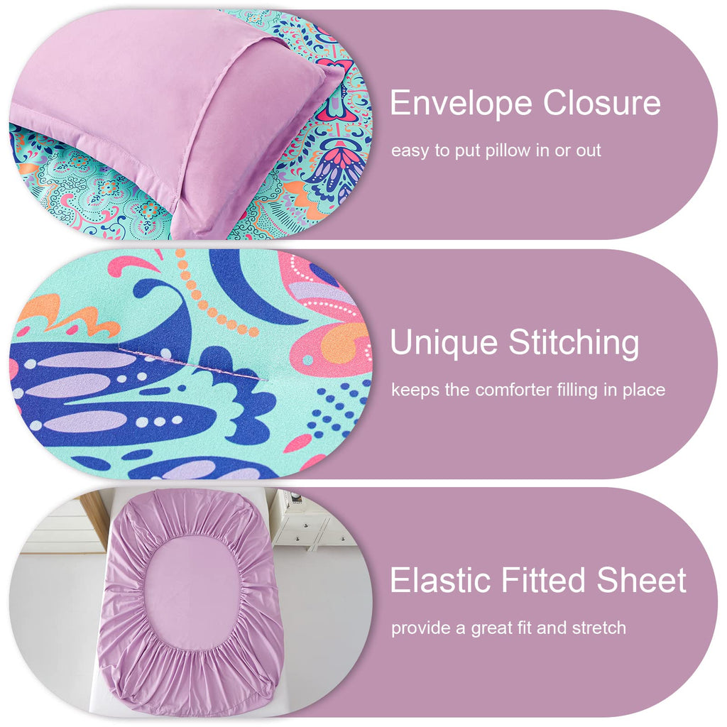 Queen Comforter Set, 7 Piece Bed in a Bag, Boho Aqua and Lilac Damask Medallion Print Comforter with Sheets, Soft