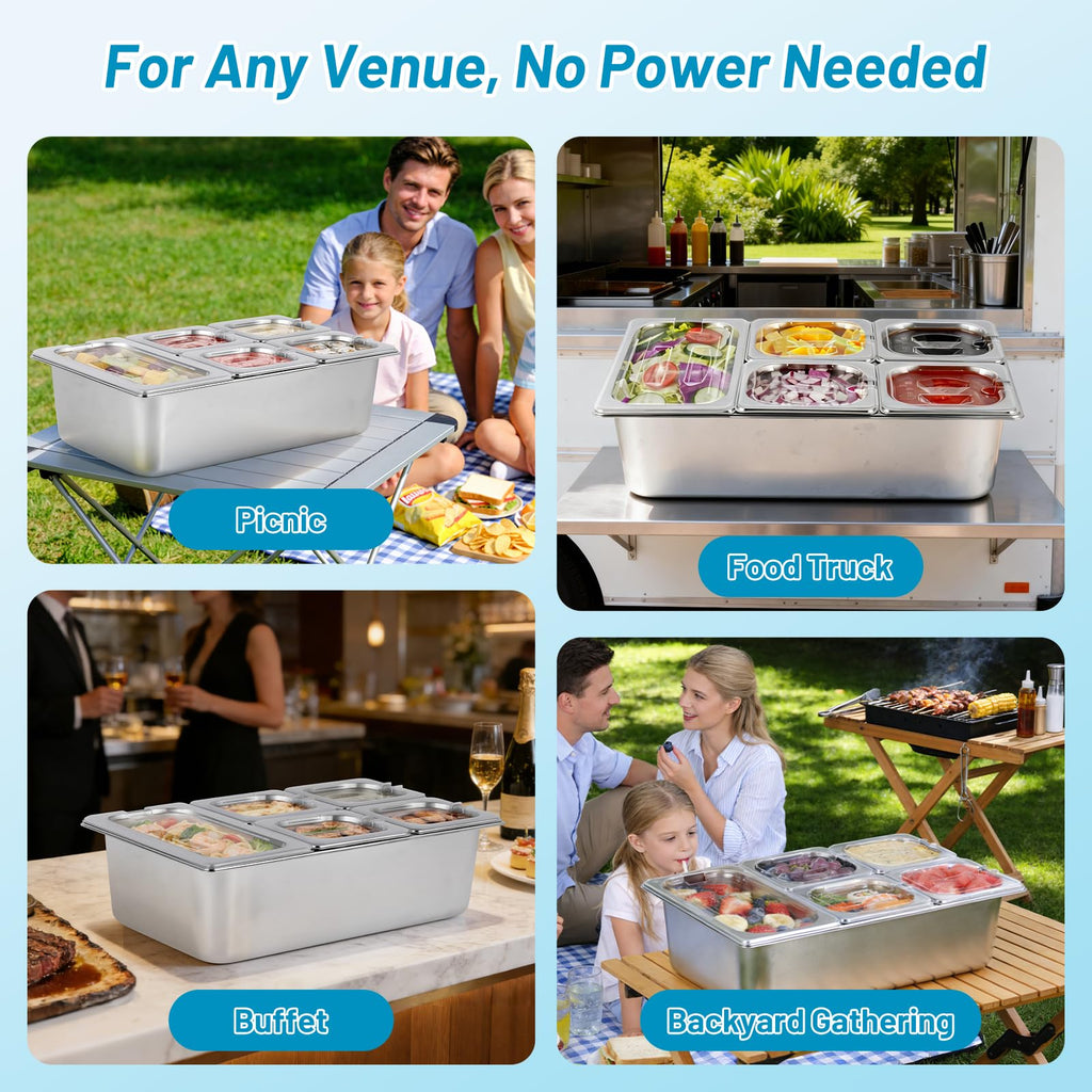 Cold Food Buffet Serving Trays 5 Pans (4 Pan×1.6Qt & 1 Pan×4QT) w/Ice Packs for Salad Bar Station Sauce Cooled