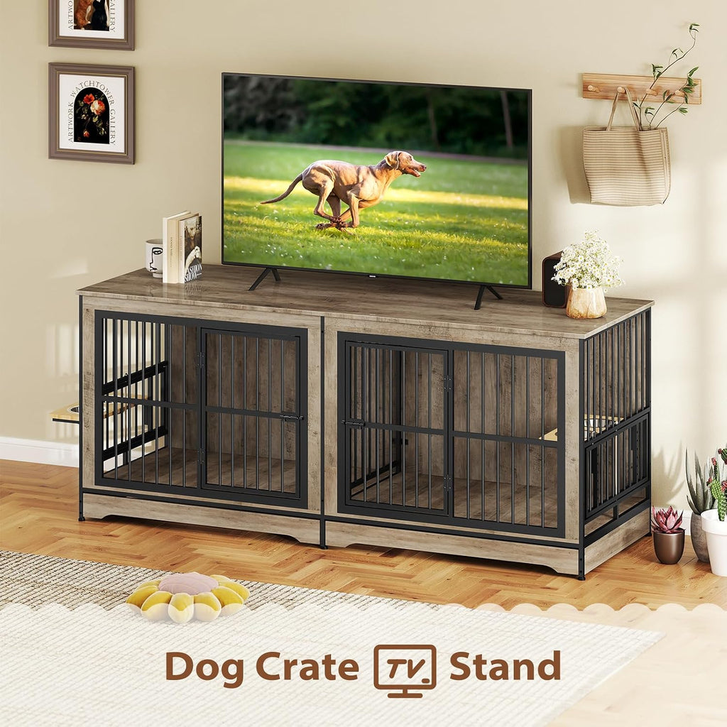 78 Double Dog Crate Furniture for 2 Large Dogs Indoor, Wooden Furniture Dog Crates with Dog Bowl, Dog Kennel