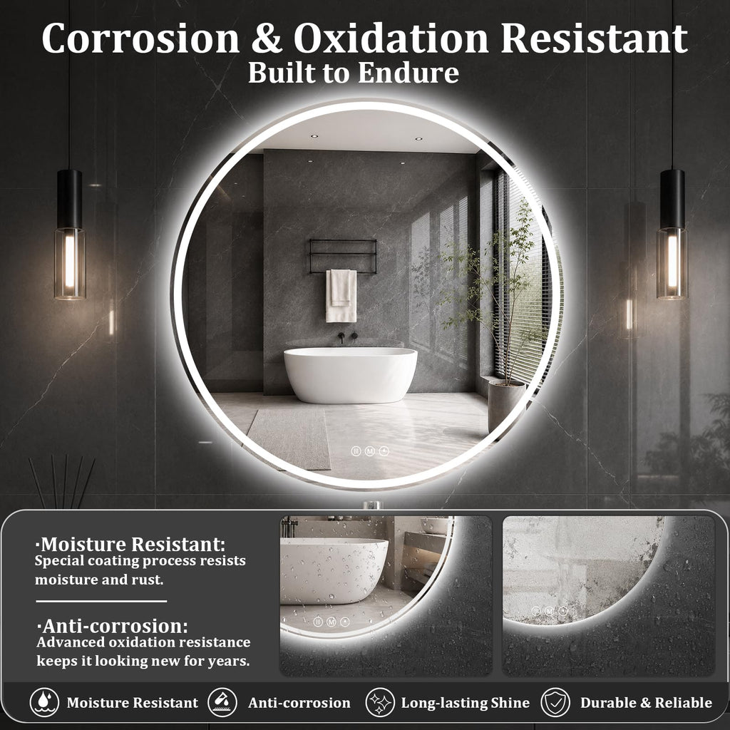 Round LED Bathroom Mirror, 36 Inch, HD Shatterproof Tempered Glass