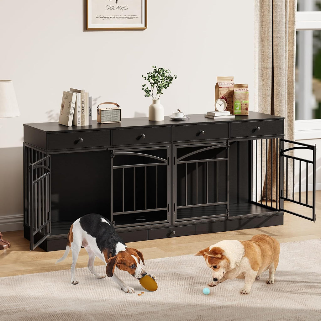 Dog Crate Furniture for 2 Dogs with 4 Drawers, Black