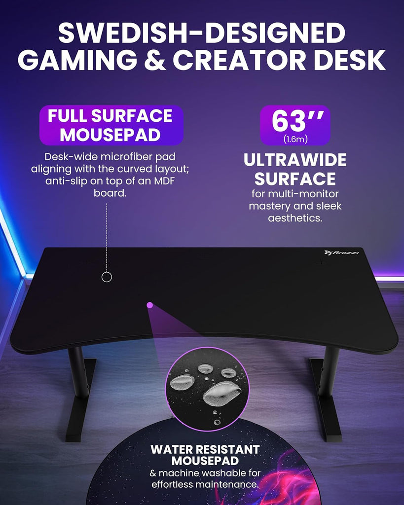 Arena Ultrawide Curved Gaming Desk Pure Black | Full Surface Water-Resistant Desk Mat, Monitor Mount Cut-Outs, Cable