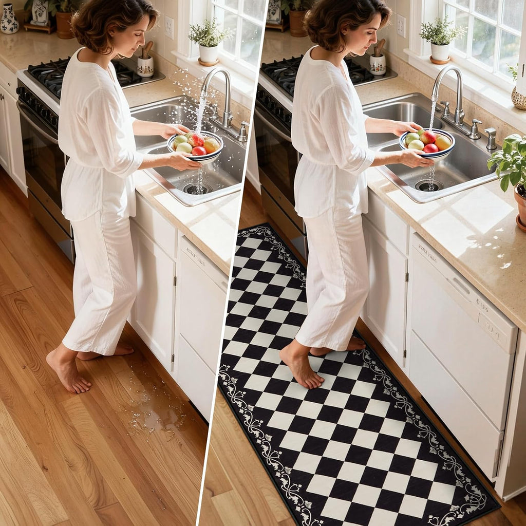 Checkered Kitchen Runner Rug 2x6 Vintage Modern Washable Runners s Non Slip Low Pile, Moroccan Framhouse Bathroom