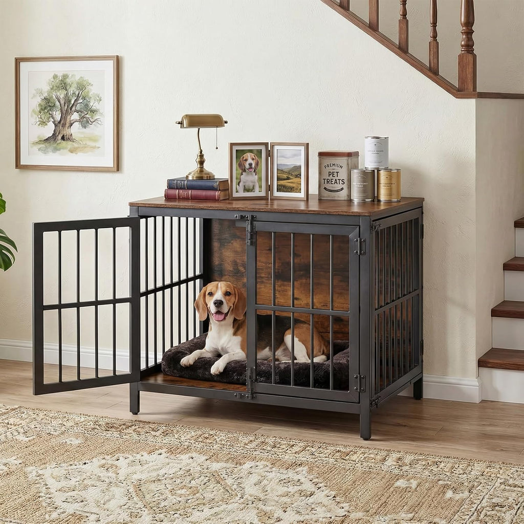Heavy Duty Dog Crate Furniture, 31.5" Wooden Indoor Kennel with 3 Doors